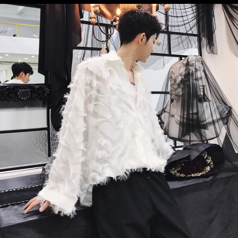 设计师款手工立体羽毛韩风chic长袖衬衫潮男女情侣衬衣气质网红潮