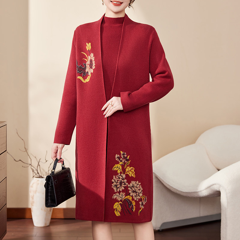 妈妈喜服婚宴装秋冬裙子两件套红色喜庆及婚礼服洋气绣花婆婆套装