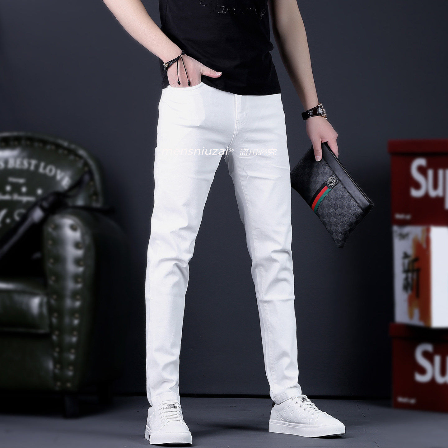 白色牛仔裤男高档男士弹力休闲裤子高街潮流长裤直筒男款男裤