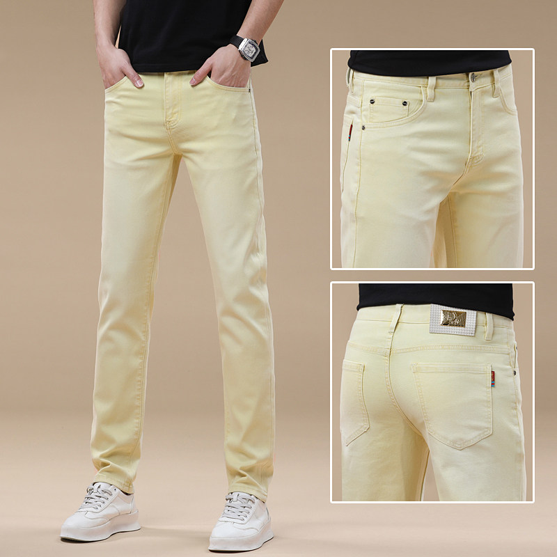 高端潮牌男士牛仔裤祖黄色修身百搭小脚裤子男 九分/长裤可选