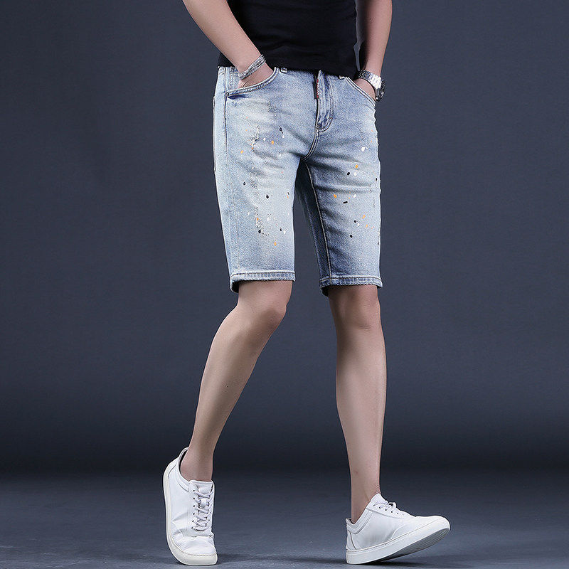 欧美风浅色牛仔短裤男士破洞修身直筒夏季薄款五分休闲中裤男马裤