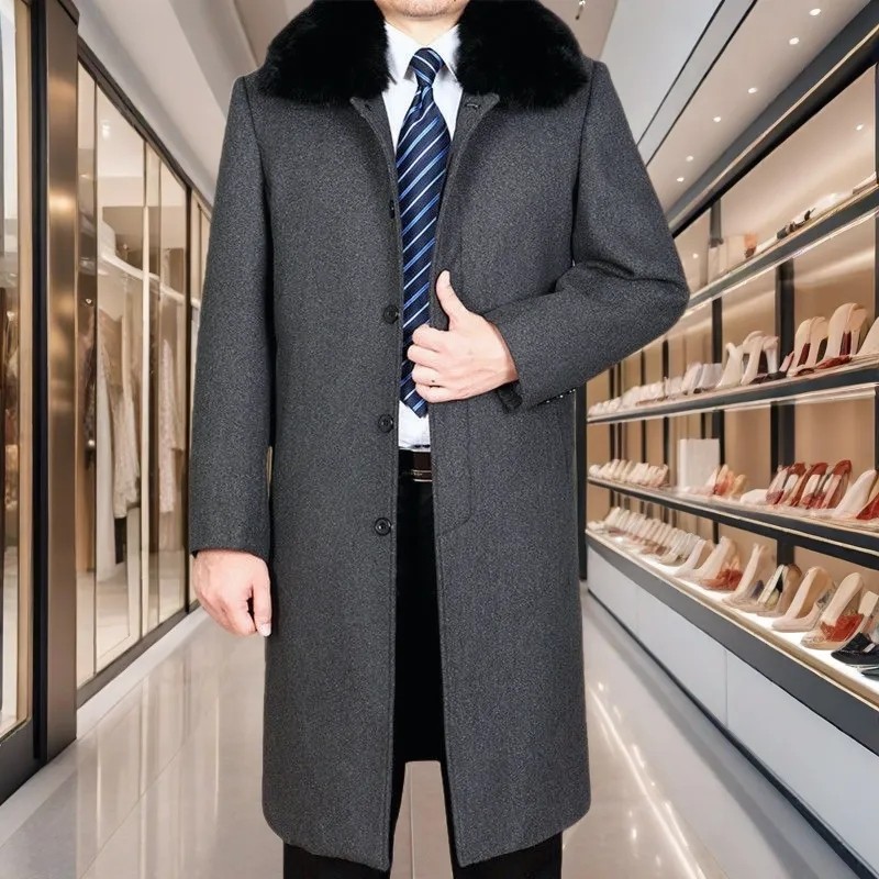 高档羊毛呢子长款外套男中老年人
