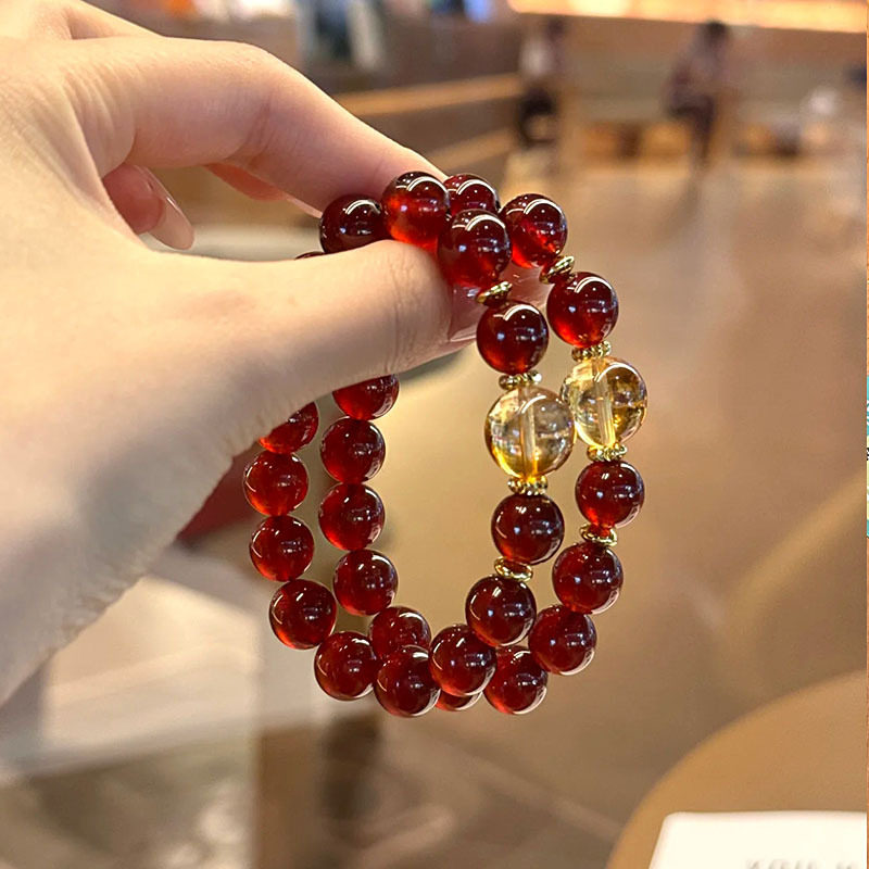 石榴红手串女ins轻奢高级感仿石榴石红玛瑙黄水晶招财手链礼物女