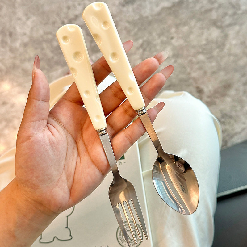 奶酪叉子勺子餐具套装陶瓷柄不锈钢可爱轻奢高级感家用西餐两件套