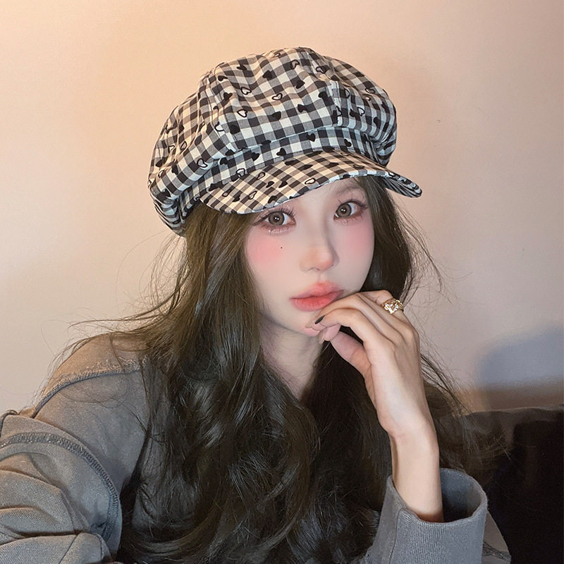 新款帽子女英伦复古文艺八角帽爱心格子显脸小贝雷帽出游鸭舌帽潮