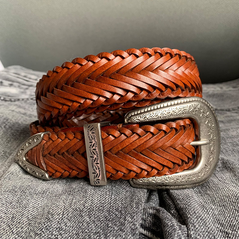 复古绅士牛皮手工编织皮带男女雅痞风真皮腰带三件套雕花扣宽29mm