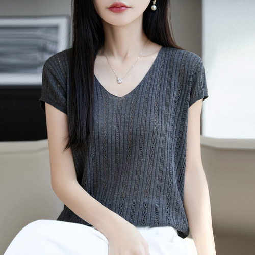 亚麻小飞袖v领针织短袖t恤
