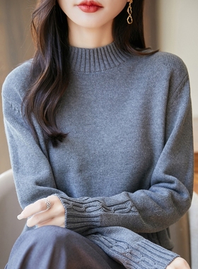 不起球100%纯棉线加厚打底针织衫女半高领纯色保暖毛衣宽松全棉线