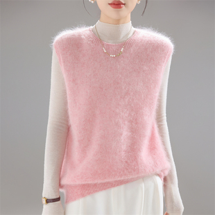 秋冬100%羊毛拉绒马甲女圆领无袖针织叠穿坎肩宽松羊绒衫毛衣背心