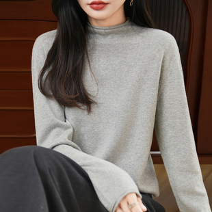 法式时尚100%纯棉线针织打底衫女半高领毛衣秋冬新款宽松打底上衣