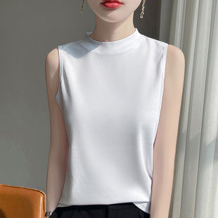 100%纯棉小半高领背心女吊带立领内搭打底夏上衣外穿无袖 全棉T恤
