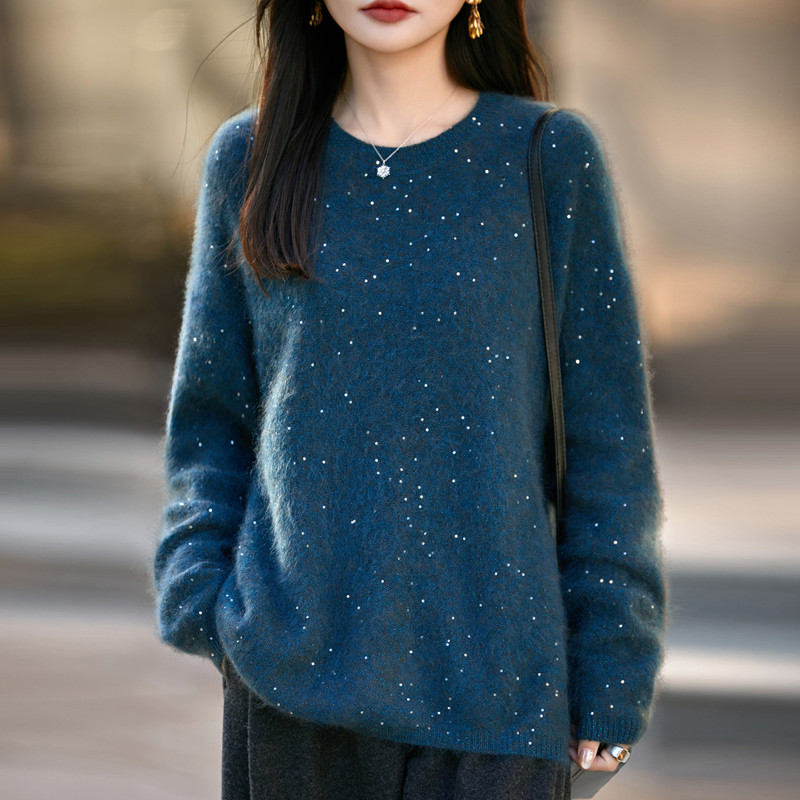 重磅亮片拉绒羊毛衫女