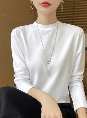 新疆棉100纯棉长袖T恤女半高领内搭纯色打底衫春秋薄款小立领上衣