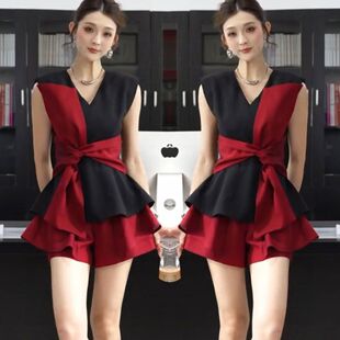 上衣 女气质职业红色拼接显瘦无袖 短裤 2025夏季 时尚 网红新款 套装