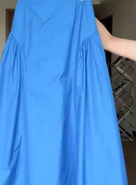 蓝色高腰A字三层蕾丝蛋糕温柔风长裙设计感钩花半身裙女款夏新款