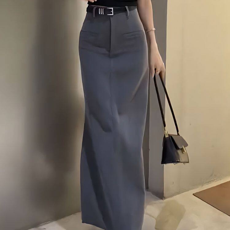 2025年夏季新款高腰轻熟风灰色开叉西装半身裙女显瘦时尚垂感长裙