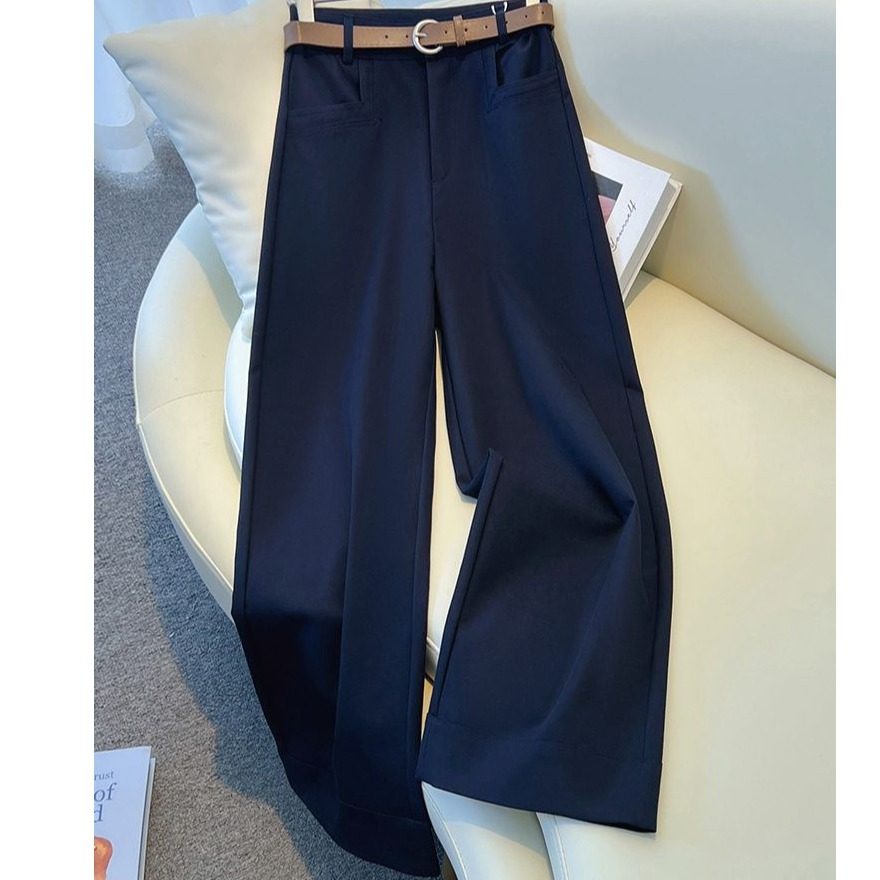 新款西装阔腿裤女高腰修身显瘦宽松九分小个子藏蓝色直筒裤子秋季