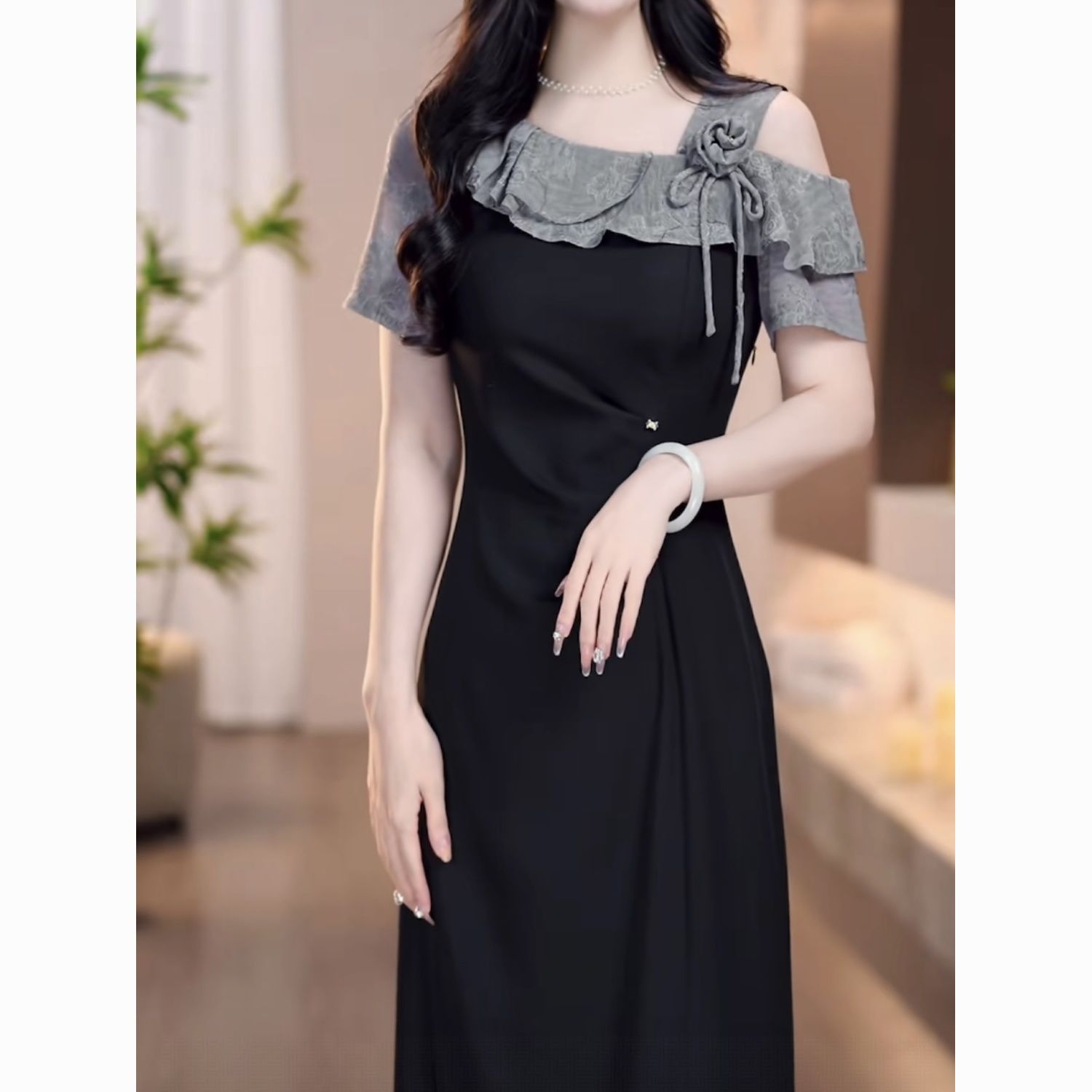 遮肉气质简约中长款裙时尚洋气连衣裙女减龄2025夏季新款收腰显瘦