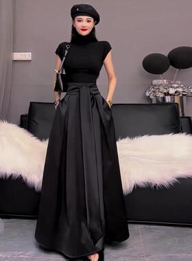 高腰系带半身裙女夏季高级感黑色大码胖MM显瘦A字伞裙大摆型长裙