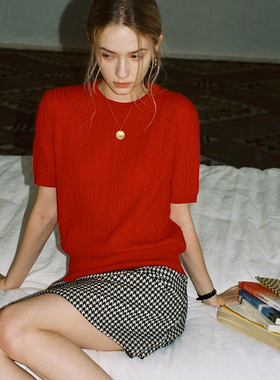 Into Fiction 法式红100%美丽诺纯羊毛绞花短袖毛衣糖果色针织衫