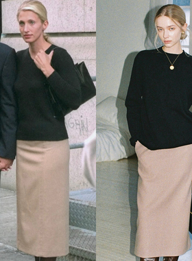 Into Fiction CBK同款50%羊毛燕麦色有口袋通勤直筒毛呢半身裙