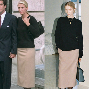 50%羊毛燕麦色有口袋通勤直筒毛呢半身裙 CBK同款 Into Fiction