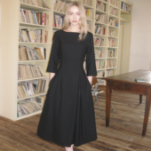 大摆伞裙小黑裙黑色长袖 Into Fiction可机洗羊毛一字领修身 连衣裙