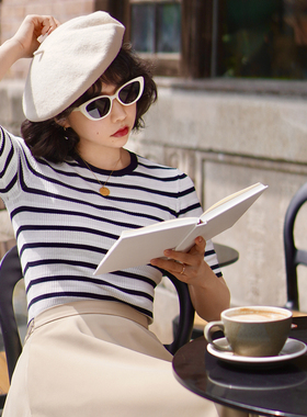 Into Fiction 法式经典条纹真丝桑蚕丝天丝混纺短袖圆领针织衫