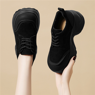 厚底勃肯鞋女鞋2025新款秋季鞋子黑色增高松糕鞋配裙子系带乐福鞋