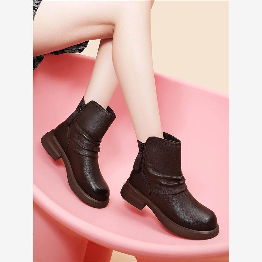 品牌真皮马丁靴女款2025新款冬季加绒保暖中跟粗跟洋气小短靴皮靴