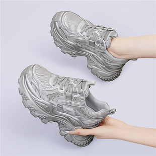 厚底增高老爹鞋女款灰色2026新款春季百搭轻便软底透气运动休闲鞋