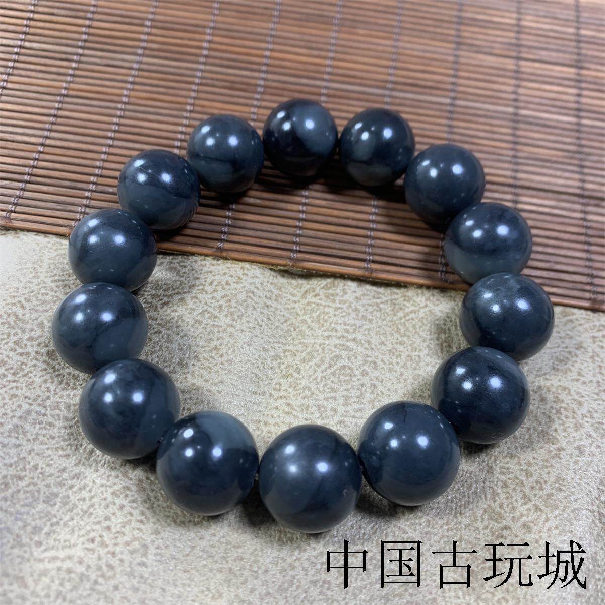 精品新疆和田玉青花籽料圆珠手链老形珠散珠手串新中式国风男女款