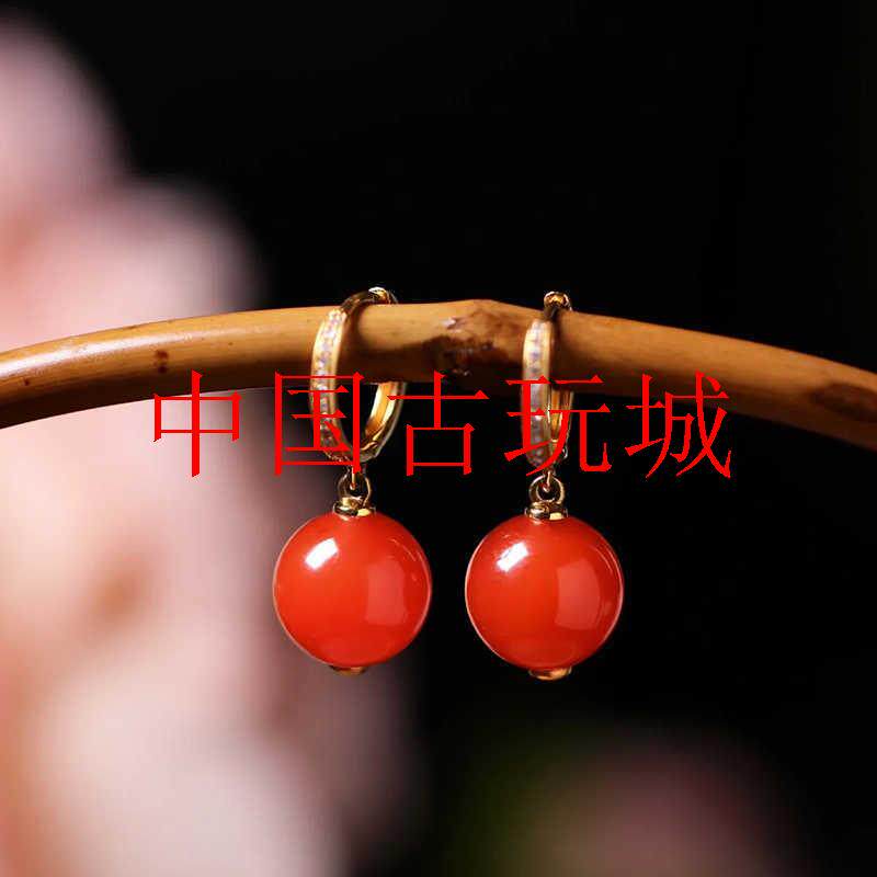 保山樱桃红精选南红玛瑙圆珠耳钉原矿银饰镶嵌女款耳坠国风耳饰
