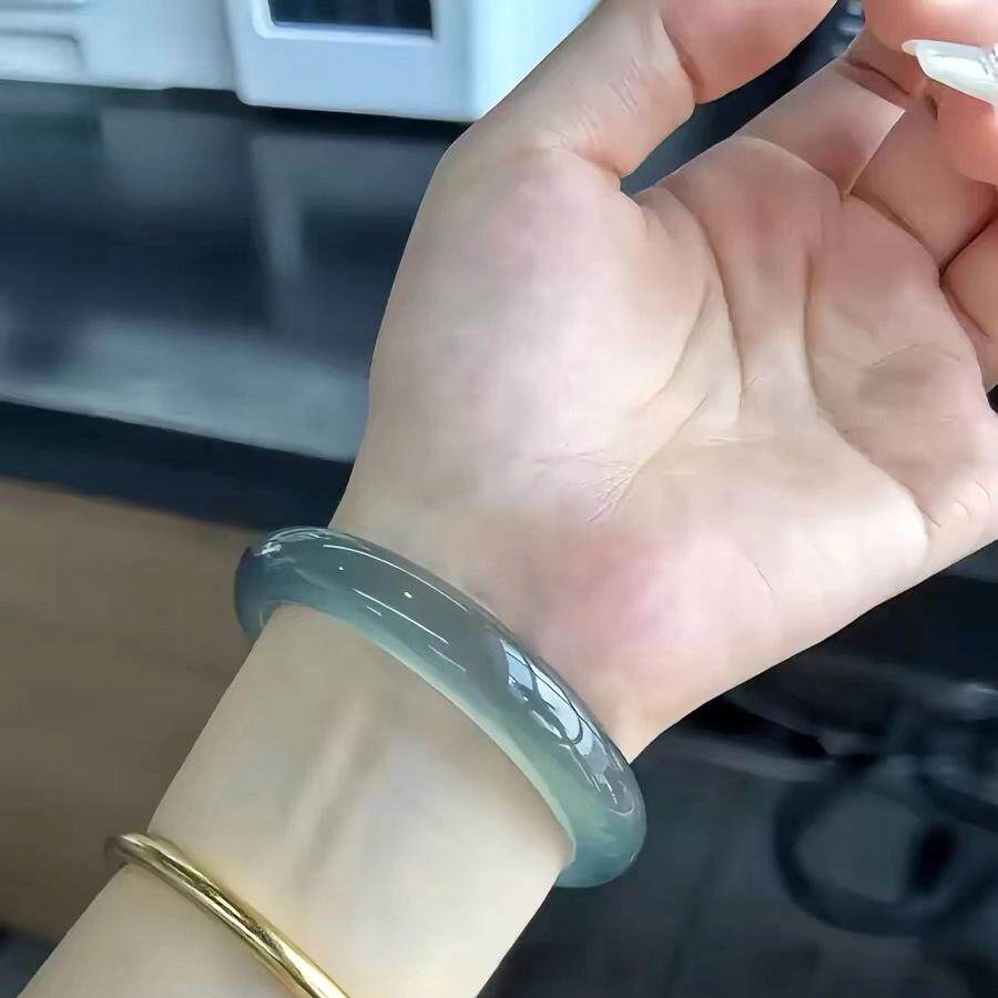 高冰种库里蓝玉髓玛瑙手镯晴水美人条远山黛圆条手镯显白款女款镯