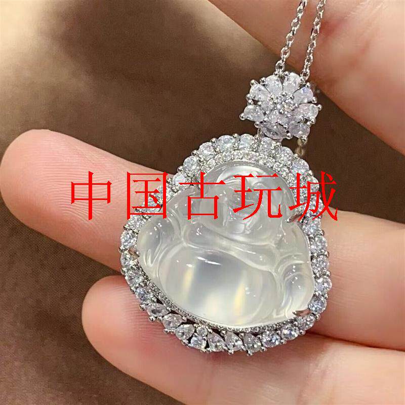 高品质精挑高冰种玉髓佛公吊坠玛瑙玉佛项链白冰种银饰镶嵌挂饰品