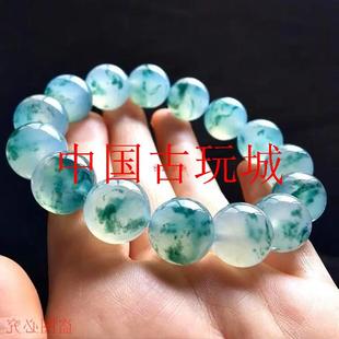 缅甸翡翠色手串冰种飘蓝绿花男女款手链冰种三彩福绿寿单圈玉手串