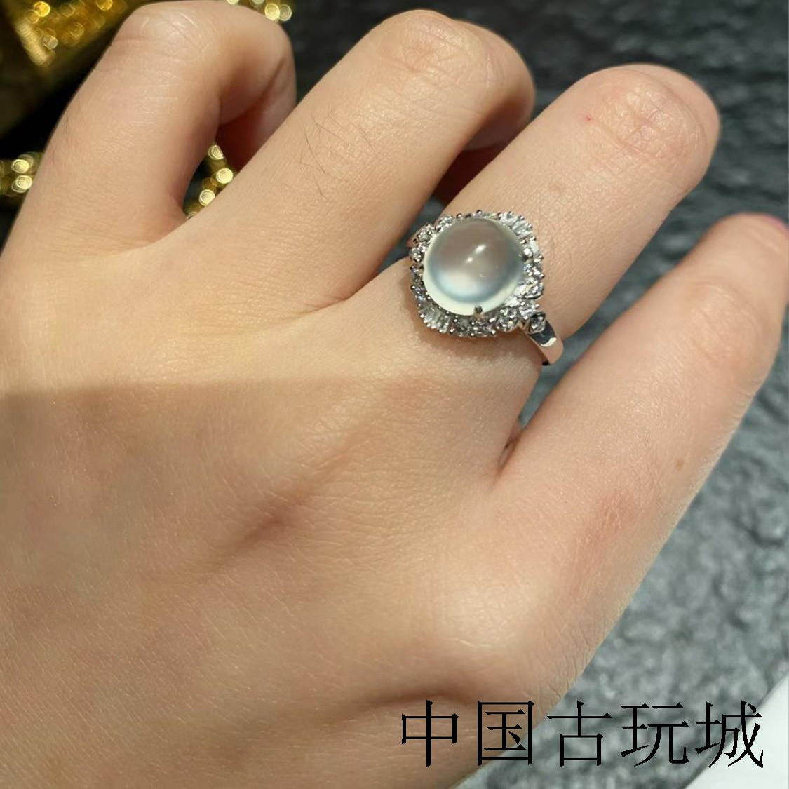 缅甸冰种翡翠色戒指银镶嵌白冰玻璃种蛋面裸石戒指开口可调节送礼
