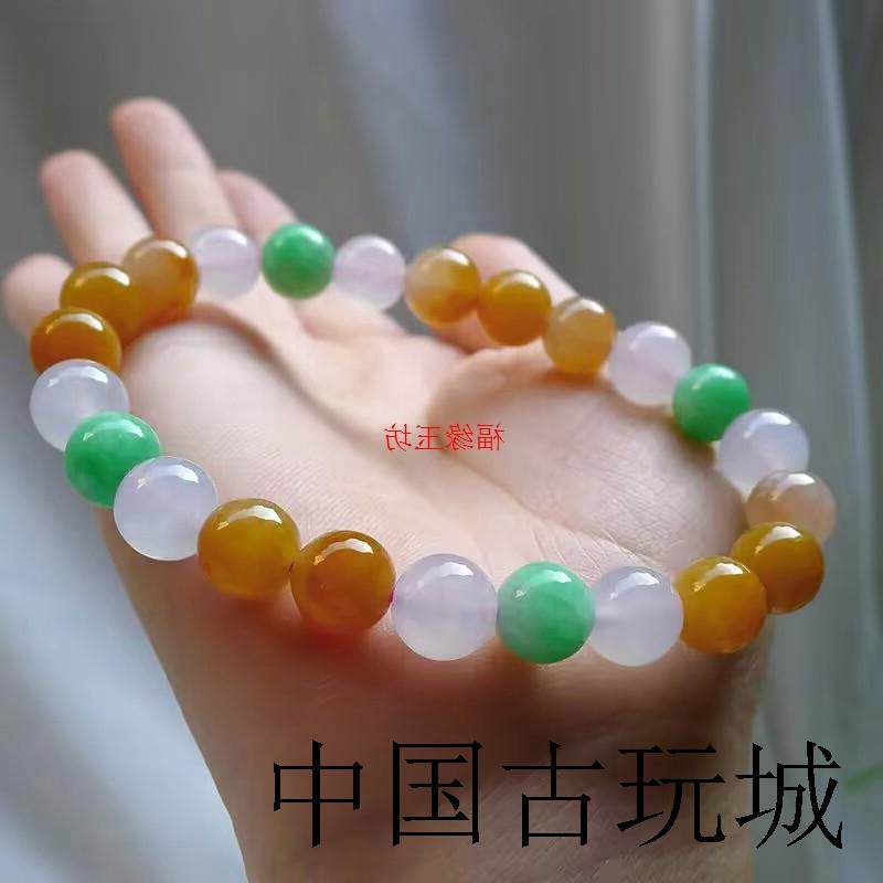 精选缅甸翡翠色三彩黄翡冰种苹果绿手串水润转运玉珠男女款手链手