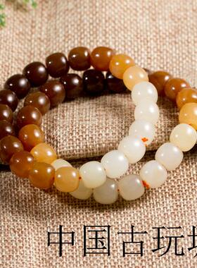 新疆和田玉手串且末糖白玉老型珠渐变色手链男女款直播青白玉珠串