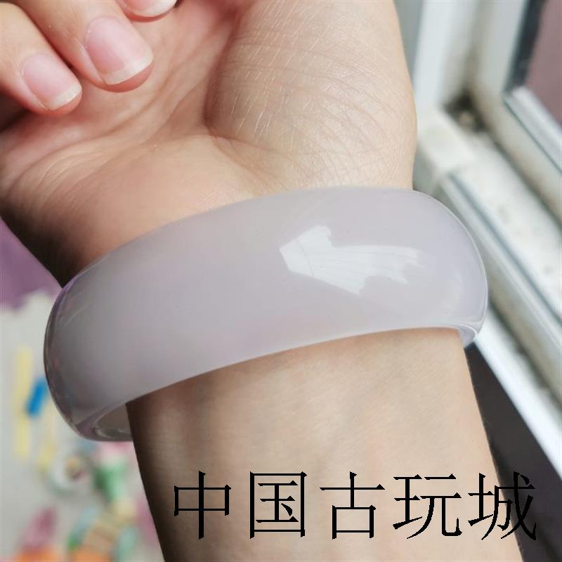 高冰白玛瑙手镯女款高端巴西原石荔枝冻非细条送礼加宽加厚紫玉髓
