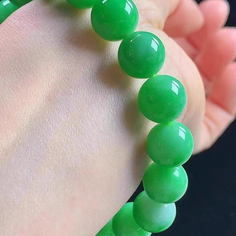 缅甸老坑翡翠色手链帝王绿手串冰种阳绿满色圆珠手镯项链处理玉链