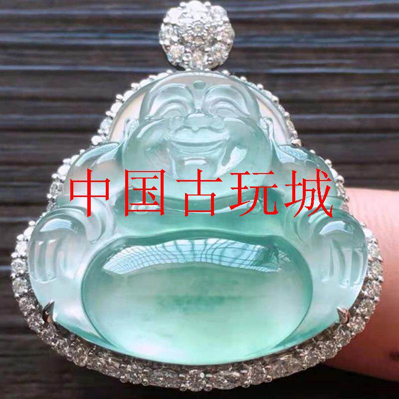 银镶冰种冰底飘蓝翡翠色佛公玉坠