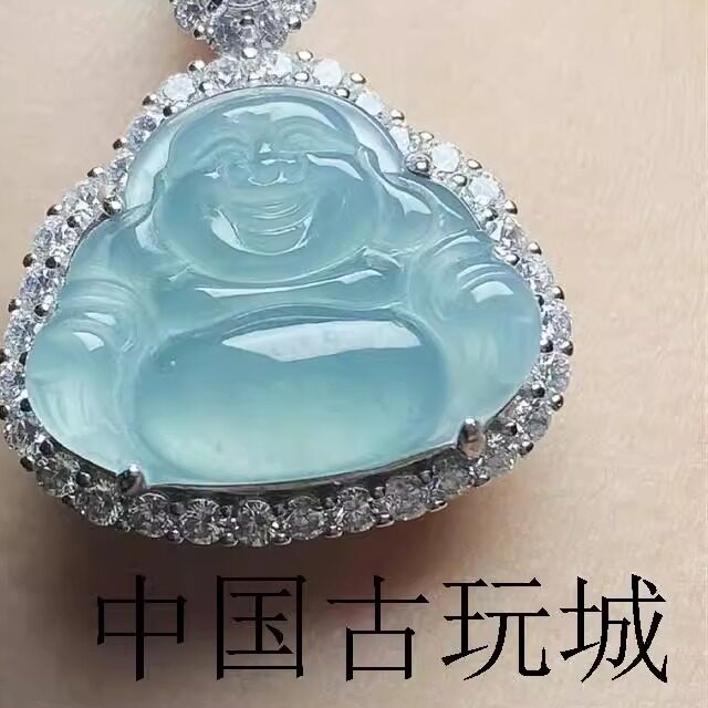 高冰种大肚白冰佛公吊坠冰透玛瑙天空蓝翡翠色镶嵌款玉佛挂件女款