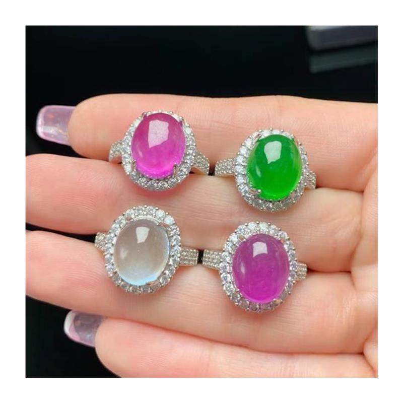 紫罗兰翡翠色戒指18金镶玉缅甸正宗帝王绿冰种正阳绿蛋面满绿戒面