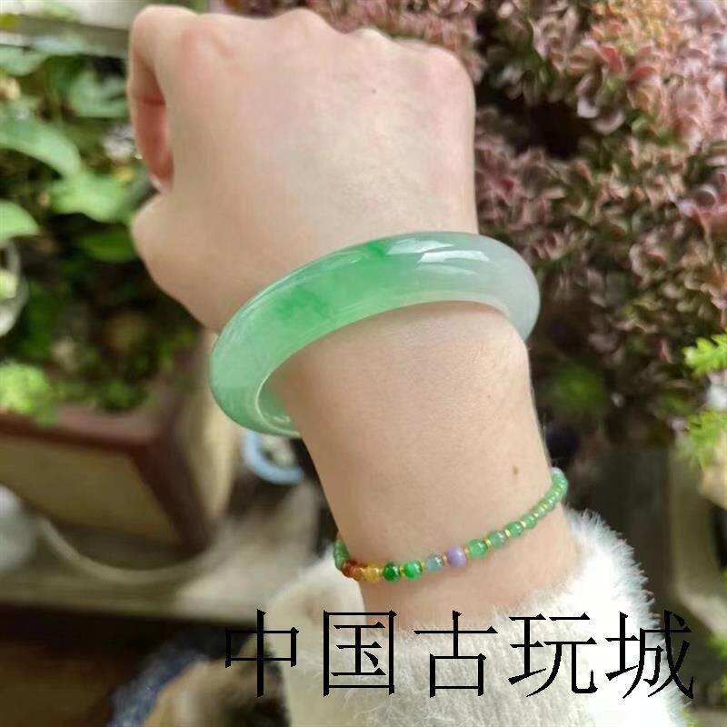 缅甸冰种翡翠色甜绿玉手镯贵妃飘花满阳绿玻璃种冰透玉镯子正圈女