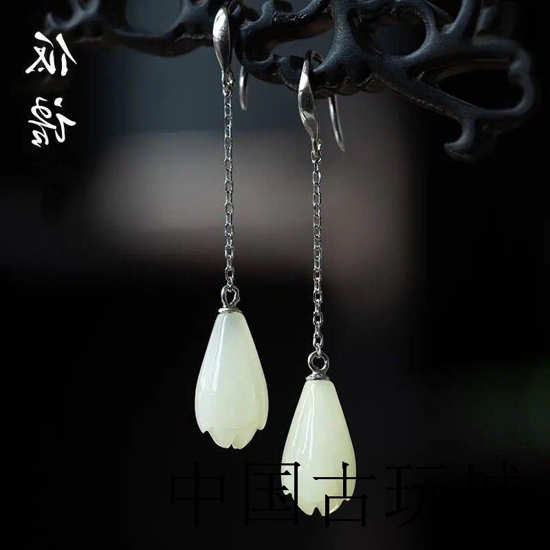 精选银饰和田玉兰花耳环女复古中国风文艺气质女手工耳饰耳环送礼