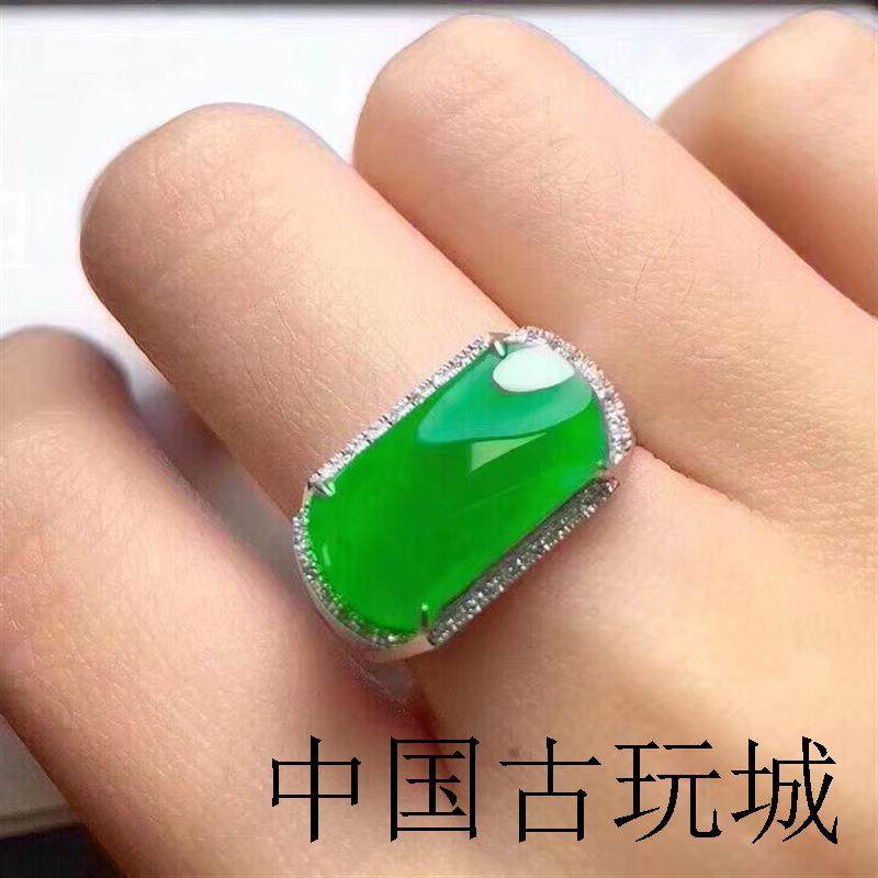 翡翠色冰种阳绿马鞍活口戒指银镶缅甸玉指环大拇指扳指翡翠色处理