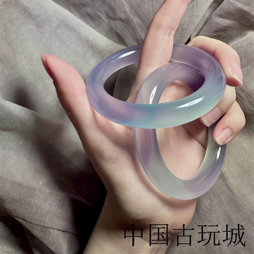 冷白冰高端冰种紫罗兰圆条玉手镯蓝紫色玉髓玻璃种女款玛瑙手镯子