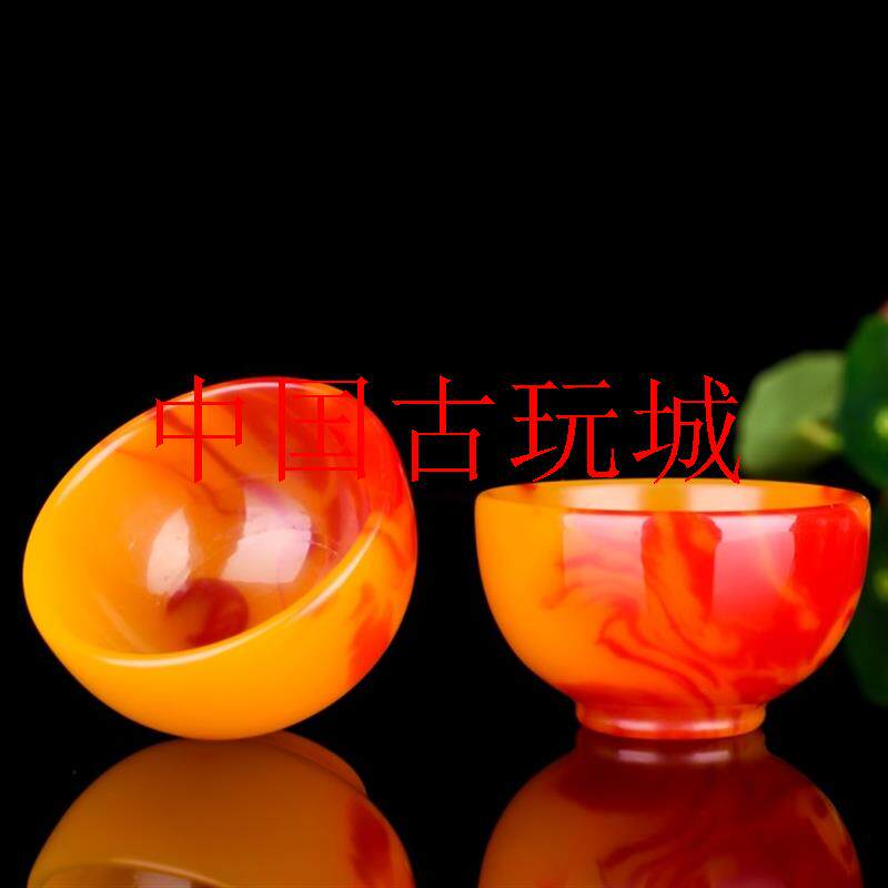 新疆和田玉彩玉功夫茶杯金丝玉碗酒杯鸡血精选玉石茶具玉器摆饰品