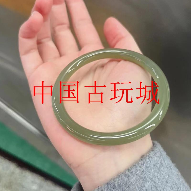 新疆冰种青白玉手镯女款小圆条细款且末蓝湖水绿和田玉浅晴水镯子